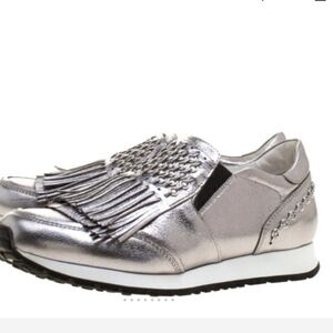 Tod’S Fringed Metallic Leather Slip-On Sneaker, Silver